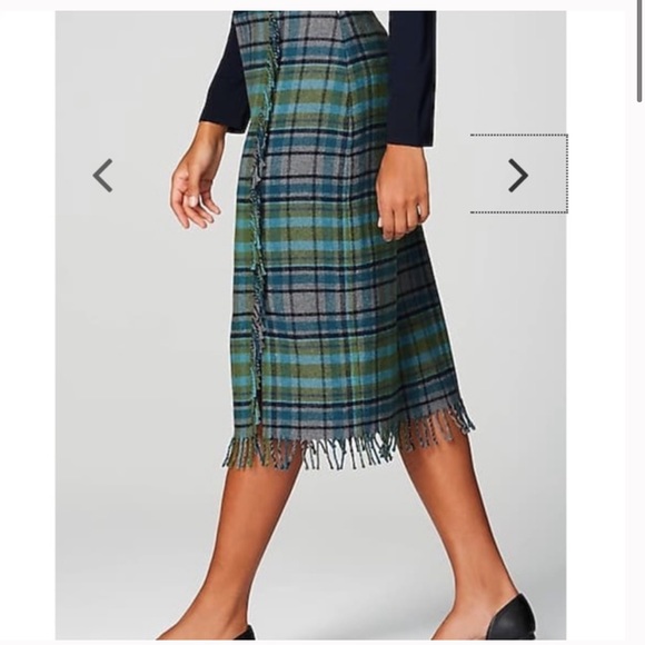 NWT J. Jill Green Blue Wool Plaid Fringe Skirt 8 - Picture 2 of 12